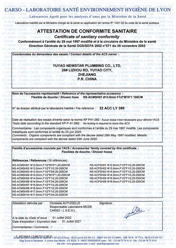Certificado ACS para manguera de ducha metálica