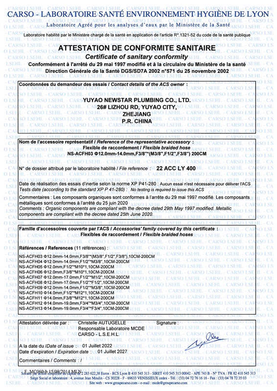 Certificado ACS para manguera trenzada flexible
